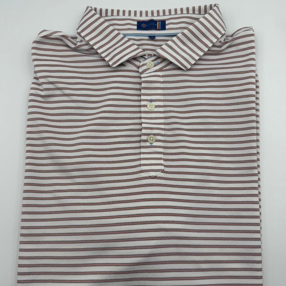 Stitch golf polo orange white blue stripe size XL.  2 tiny spots on front